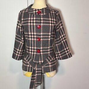 Vintage Elegant wool blend belted Plaid Blazer with Red Accents sz small